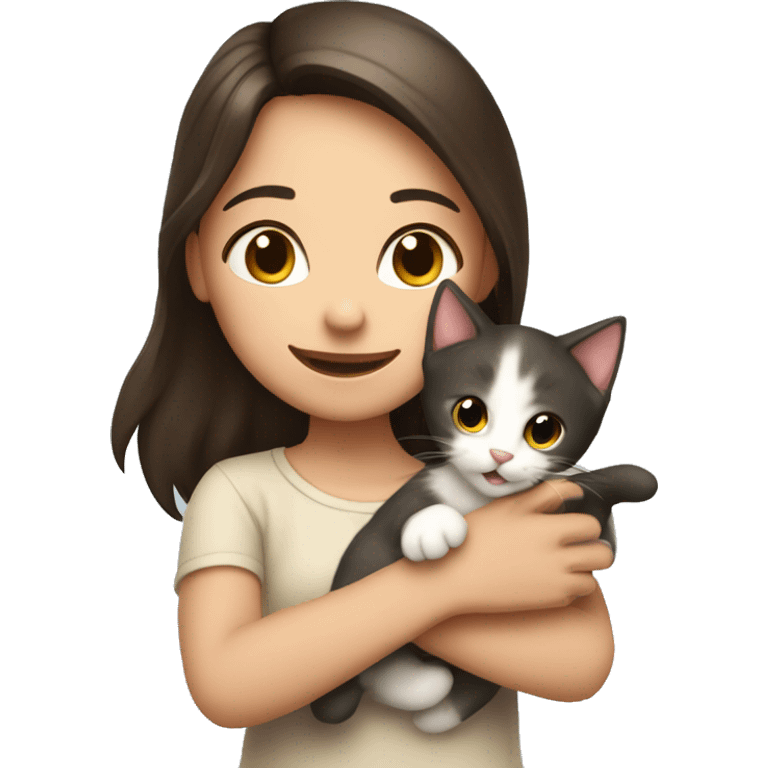 Cute brunette girl holding a kitten in joy emoji