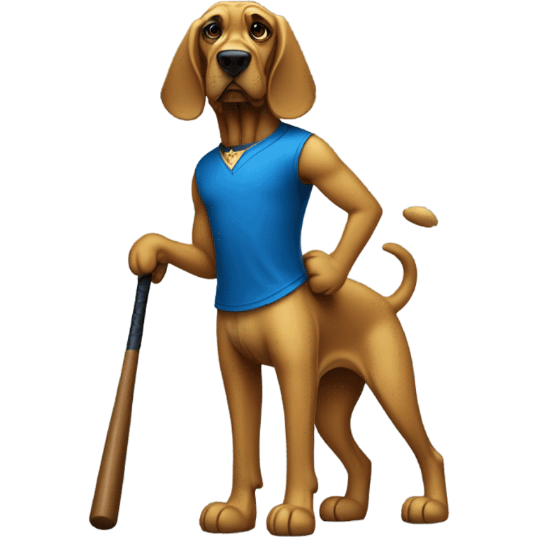 A Bloodhound dog dressed in a gold shirt and blue pants wearing dark shades with a baseball bat. emoji