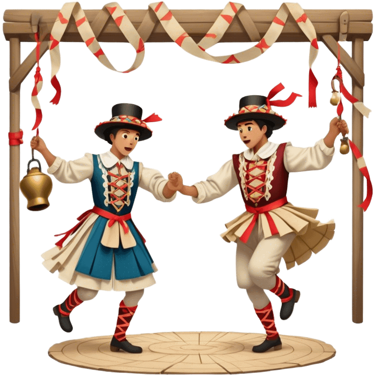 Cinematic Realistic scene of two performers executing a Morris Dance in full traditional costume—with bells, ribbons, and clogs—captured in dynamic motion against a rustic English backdrop and warm, golden lighting emoji