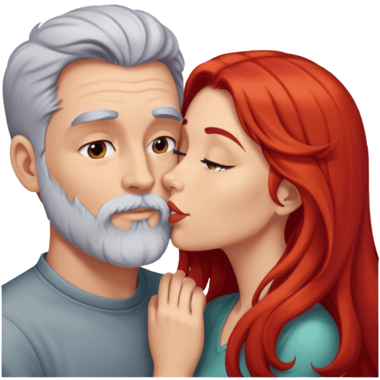 Long red hair woman kissing man with short gray hair and beard emoji