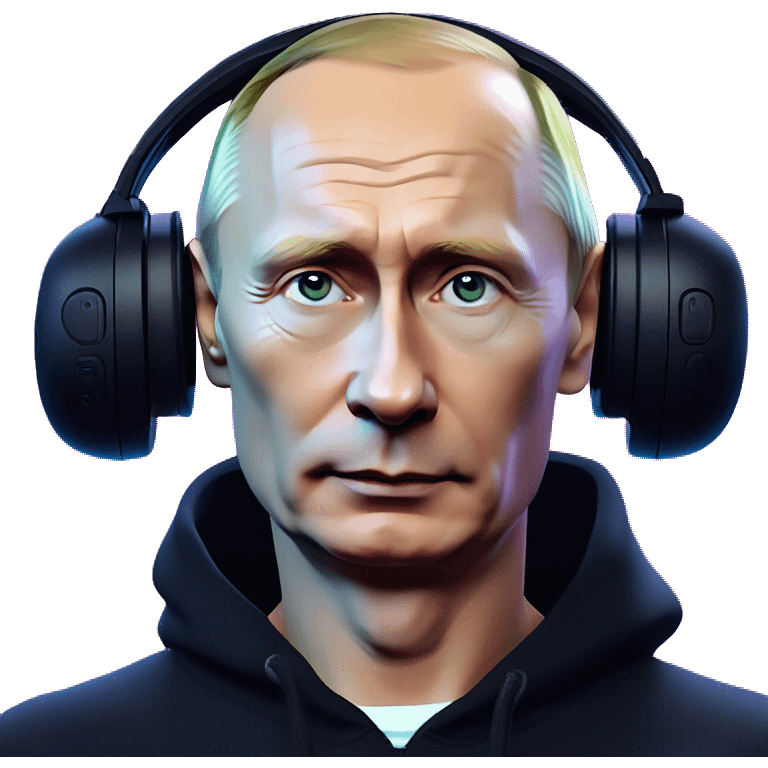 Vladimir Putin wearing a black hoodie with "OMG" letters on it and VR headset oculus quest 2 in a cyberpunk VR environment with violet neon lighting. emoji