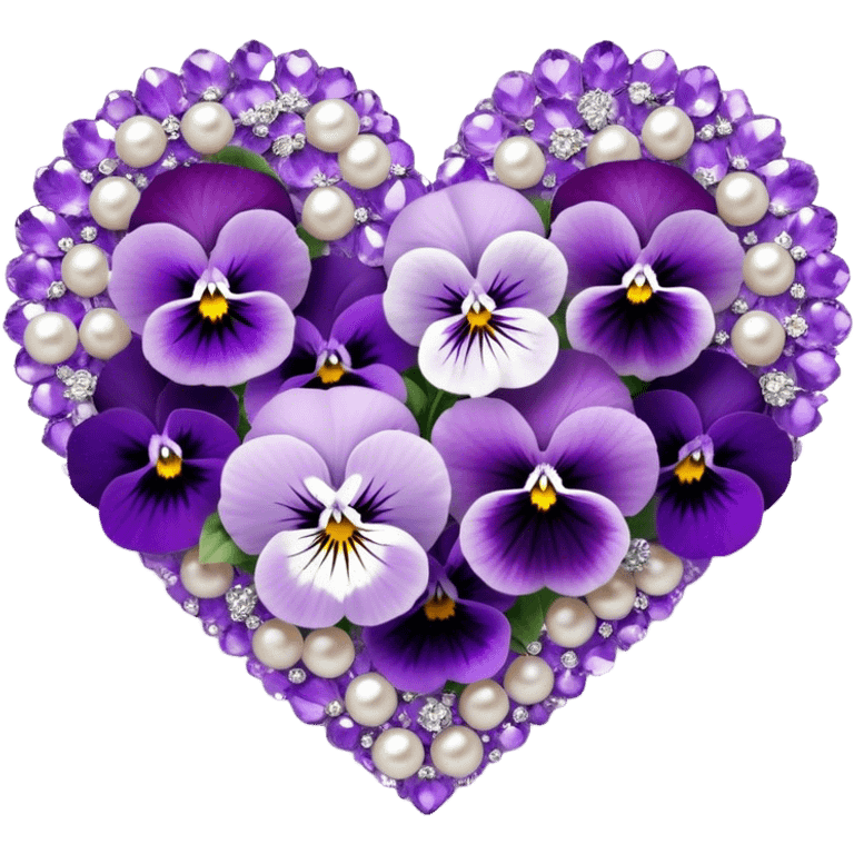 An exquisite heart-shaped bouquet composed of deep lilac flowers and ice violet pansies, harmoniously blended with amethyst and pastel purple tones, is delicately placed on smooth pearl satin fabric, its beauty further enhanced by the subtle sparkle of tiny silver adornments. emoji