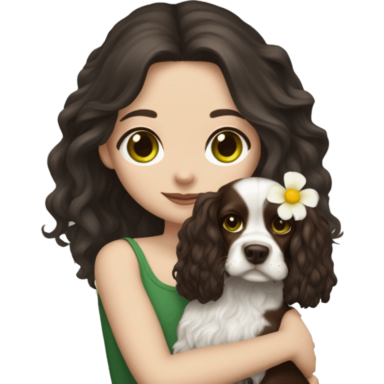 pale skin girl with green eyes with long dark brown hair that has a flower in her hair  holding a black and brown cavalier dog the dog also has a flower in its hair emoji