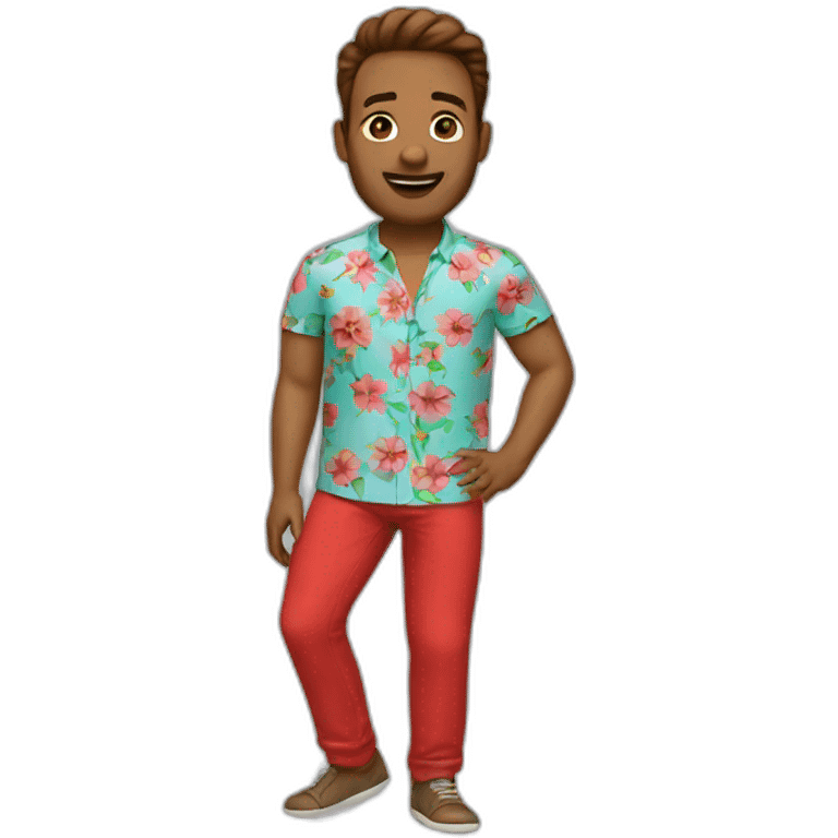 man with a flower shirt with a red pant emoji