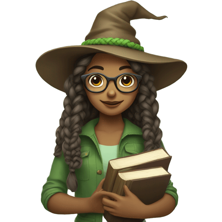 A girl with a braided hairstyle, wearing a brown witch's hat and round glasses. She is holding books in her hands. Her hair is in light green shades emoji