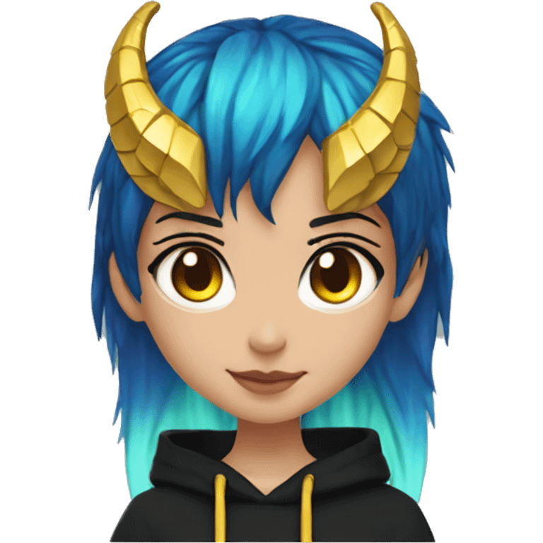 Lady with brunette and iridescent blue hair, gold, lime green dragon wings, black hoodie, bleach dyed, black and gold Nike t shirt, and bright red eyes emoji