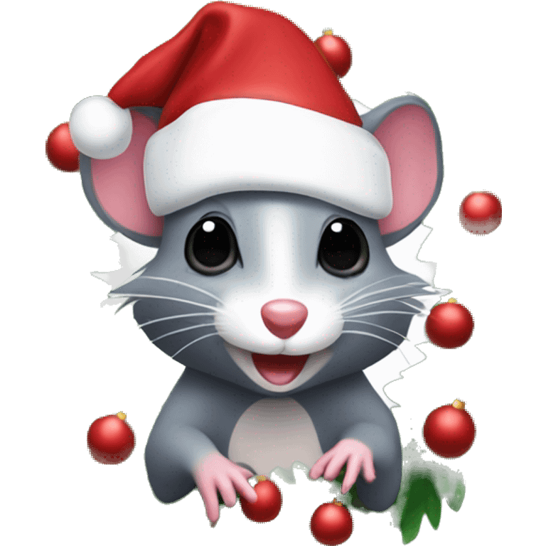 4 opossums wearing Santa hats in front of a Christmas tree emoji