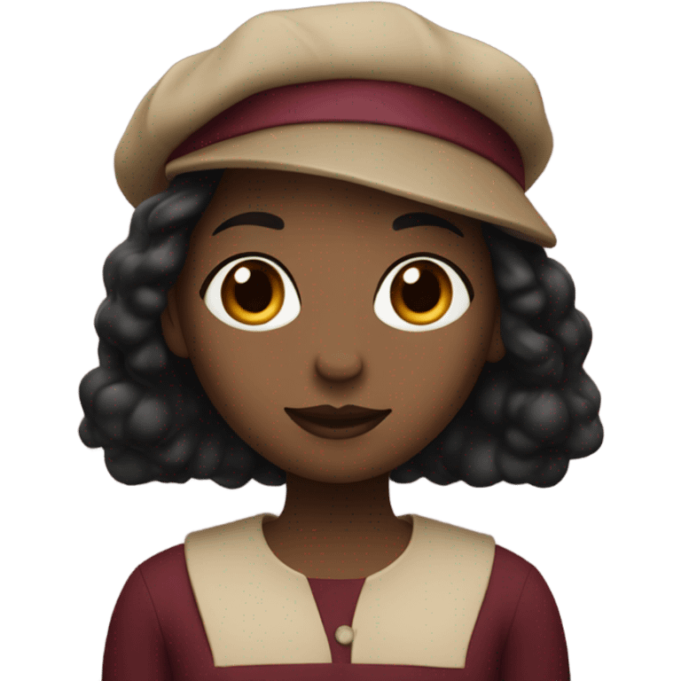 A black girl wearing a burgundy top with flowy black hair and a beige beret emoji