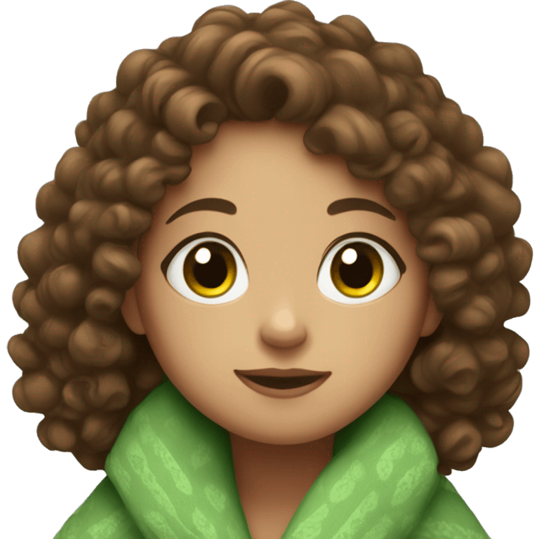 Cozy blanket girl with brown curly hair and green eyes emoji