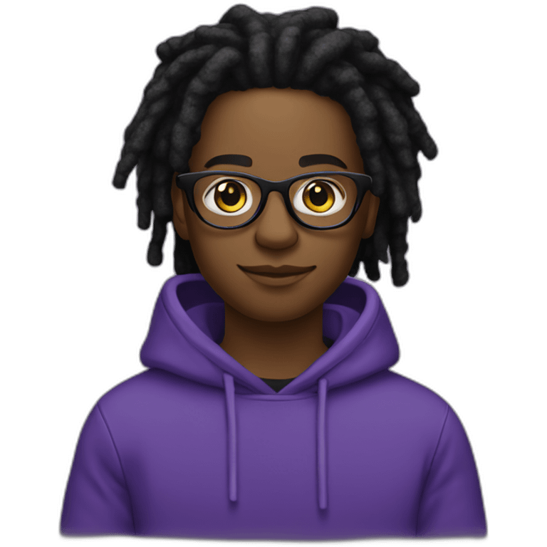 Single young Black digital creator with glasses and black locs and purple sweatshirt emoji