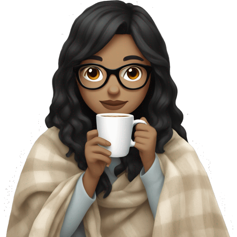 girl with black hair and glasses, white skin, drinking coffee wearing blanket. use all pastel, nude colors emoji