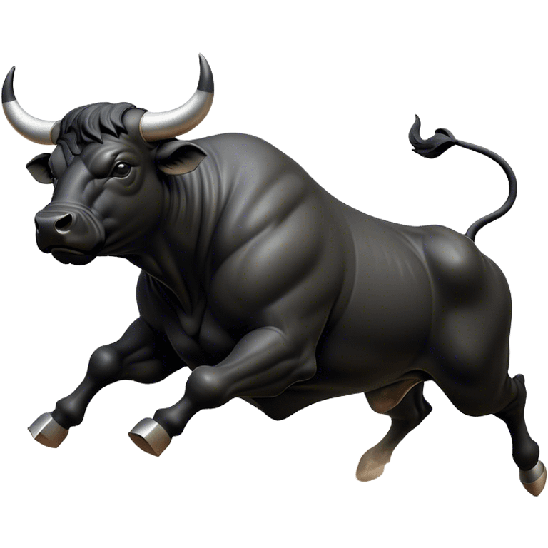 ​Cinematic Realistic Black Charging Bull, depicted in mid-charge with a powerful, muscular form and glossy black hide glistening under dynamic dramatic lighting, dust and motion captured mid-air to exude raw strength and unbridled energy on an expansive arena, emoji