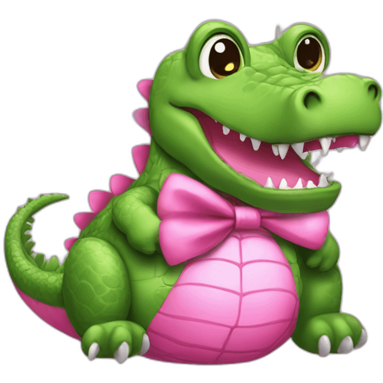 i need a PINK crocodile emoji but this crocodile must be pink. he has a baby pacifier in his mouth and a bow on his head. he also holds a teddy bear in his paws emoji