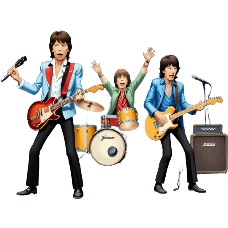 Icon for Rock Music: The Rolling Stones live on stage with Mick Jagger performing vocals, Keith Richards playing guitar, and Charlie Watts on drums. Iconic stage lights, electric guitars, and energetic crowd. Transparent background. emoji