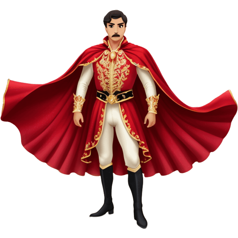 Spanish Matador – Cinematic Realistic Spanish Matador, portrayed in an ornate traje de luces with a flowing red cape, standing poised in a classic bullring with swirling dust and dramatic light, his intense expression and elegant stance capturing both bravery and artistry. emoji