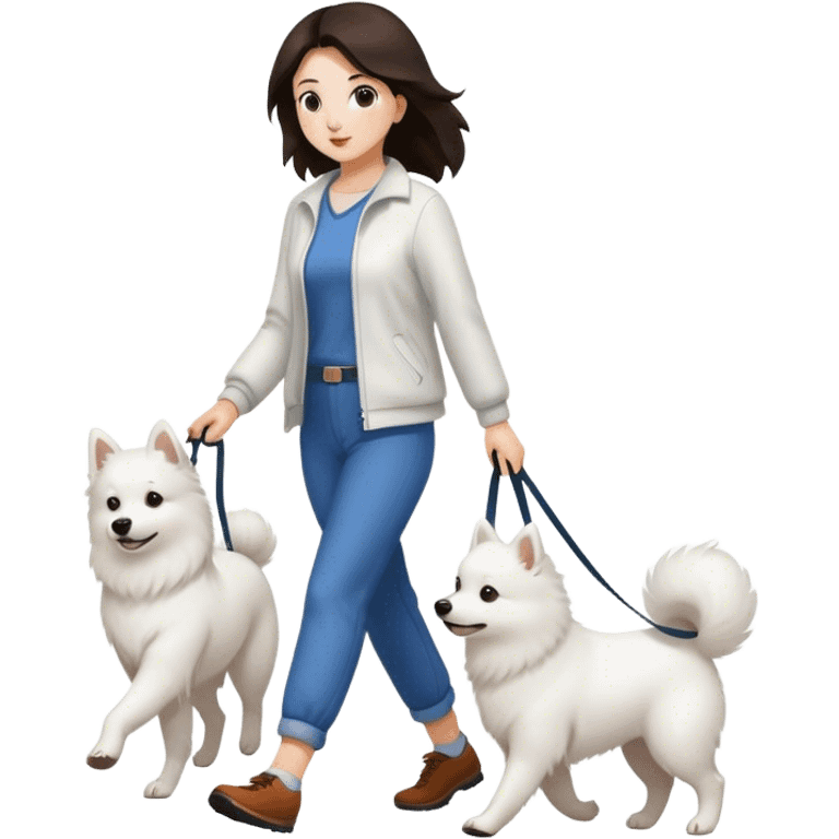 Brunette woman walking a Japanese Spitz dog emoji