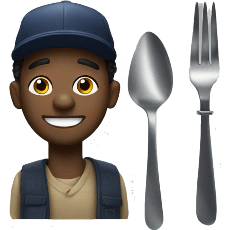 Black Man with Yankee Hat smiling with fork and knife emoji