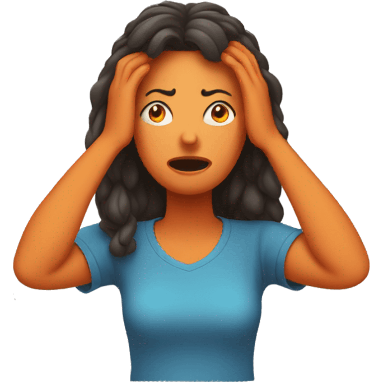 frustrated woman with hands on her head with an orange t shirt emoji