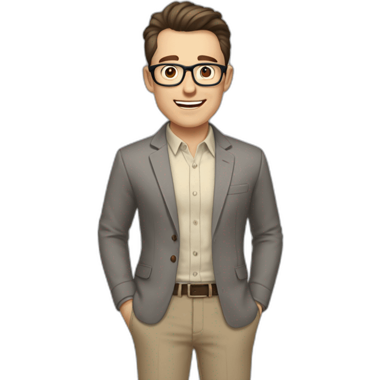 Joyful Pale skinned Fit Man With dark brown hair in gray jacket, beige office shirt, Brown pants and vintage glasses. His thrumbs up emoji