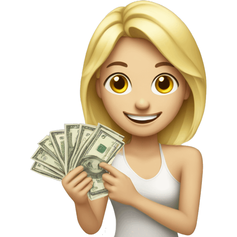 Happy blonde girl with smile and tears with money  emoji