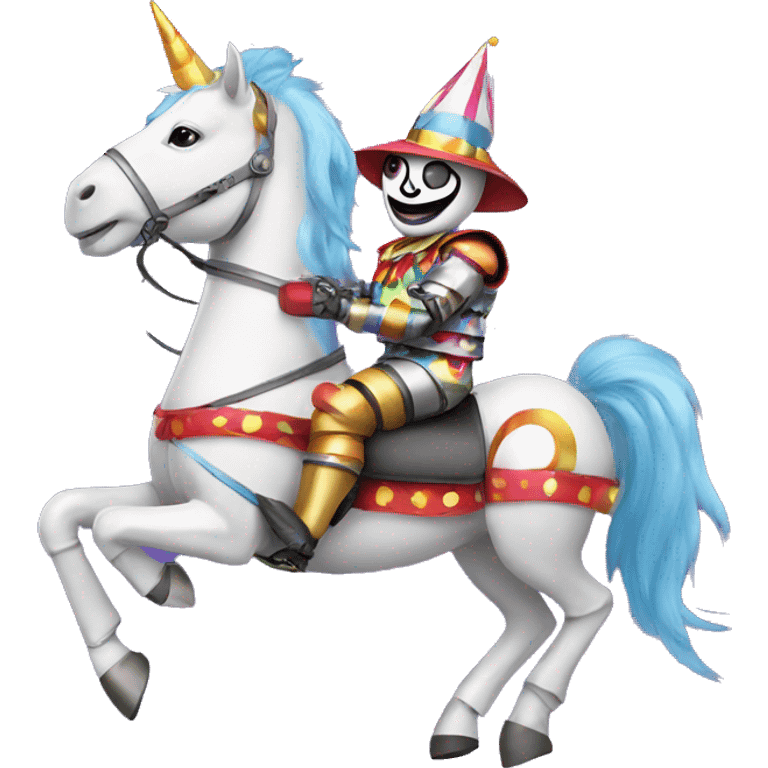 Robot wearing a clown outfit riding a unicorn emoji