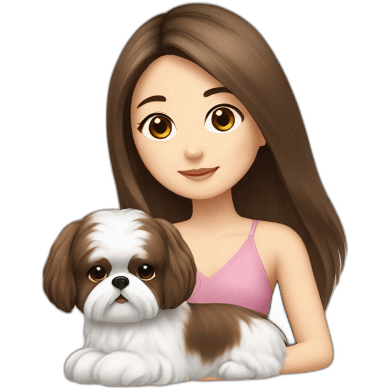 a asian girl in long brown hair sits with a white and brown shih tzu emoji