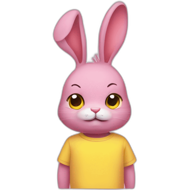 rabbit pink frowning, wears teeshirt yellow emoji