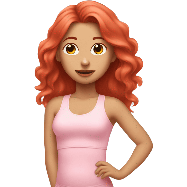 girl with long red hair in a baby pink outfit doing pilates emoji