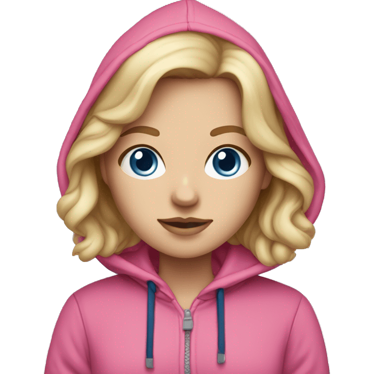 white girl, wearing pink and dark blue hoodie, with sambas emoji