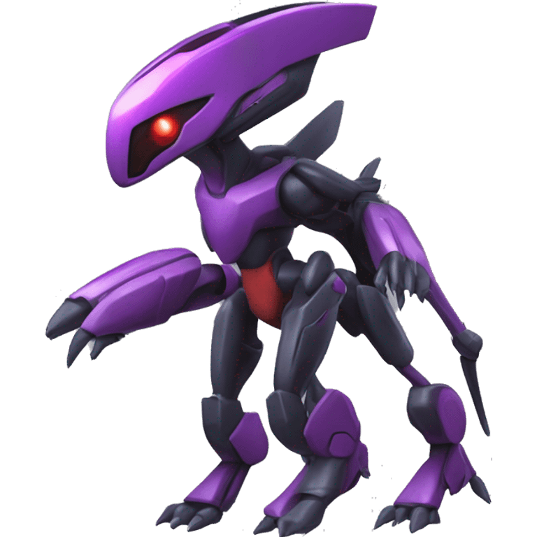 a shiny black-purple-red Genesect-Flygon-Raptor-Fakémon-Medabot-hybrid with a futuristic visor-helmet full body emoji