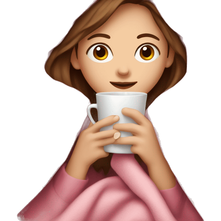 brown-haired white girl inside a pink blanket sipping coffee  emoji