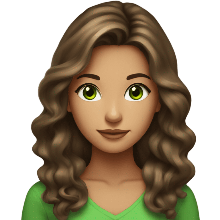 Girl, brunette balayage hair, long hair, bright green eyes, tan skin emoji