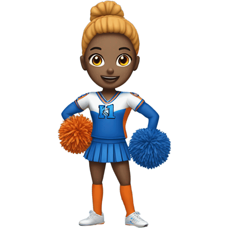 Cheerleader with orange and blue Pom poms  in her hand and a “K1 “on Uniform emoji