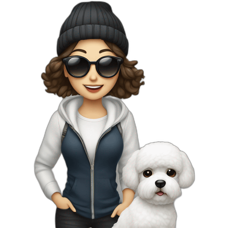 mujer piek blanca con gorro gafas y con perro bichon maltés blanco emoji