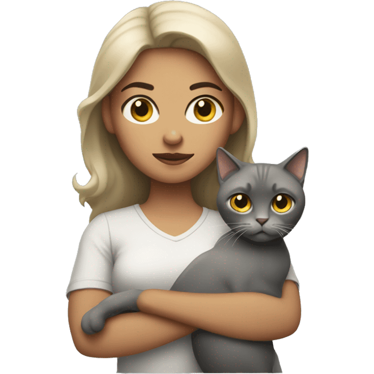 Light skinned woman holding a grey cat with an annoyed look on her face  emoji