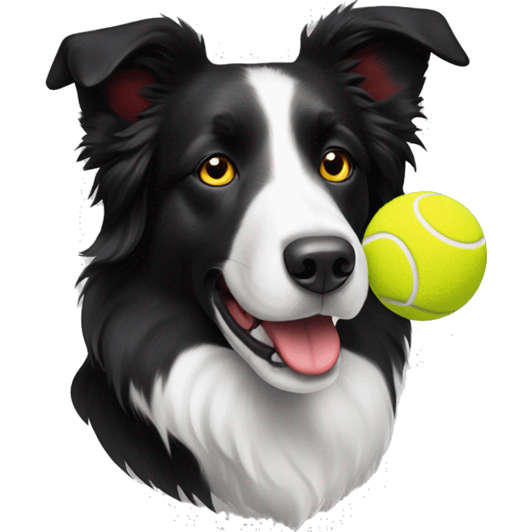 Black and white border collie dog with red collar and yellow tennis ball emoji