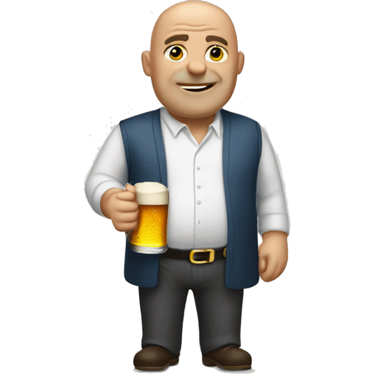 Big bald man standing with beer on  emoji