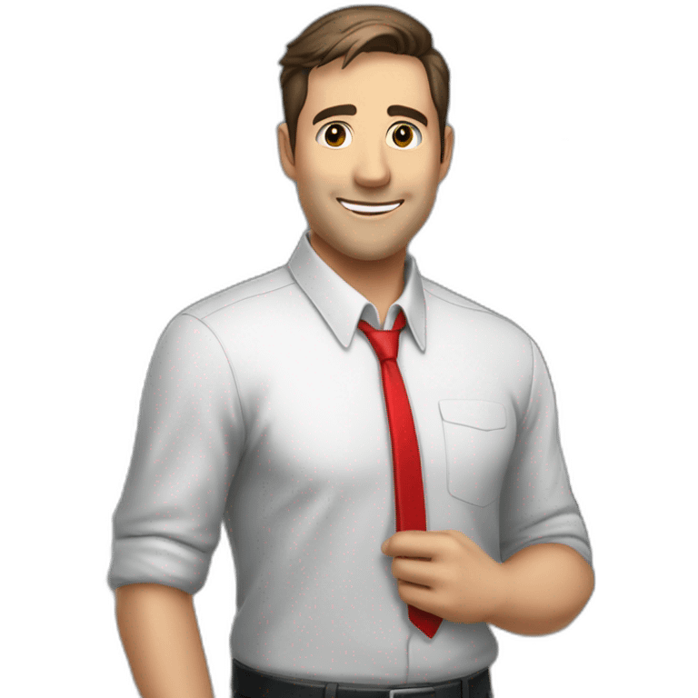 An employee of the real estate agency "Floors" with a red badge around his neck with the inscription etagi emoji