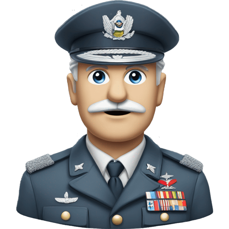 an old military general with grey military chilean uniform, grey military hat, white moustache, blue eyes emoji