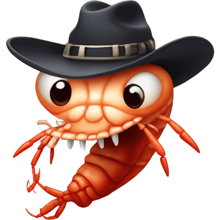 Shrimp with a cowboy hat and vampire fangs emoji