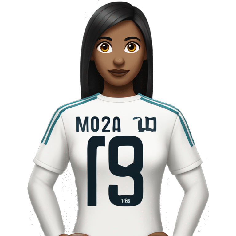 Femme fatale with long straight black hair middle part wearing a Real Madrid jersey emoji