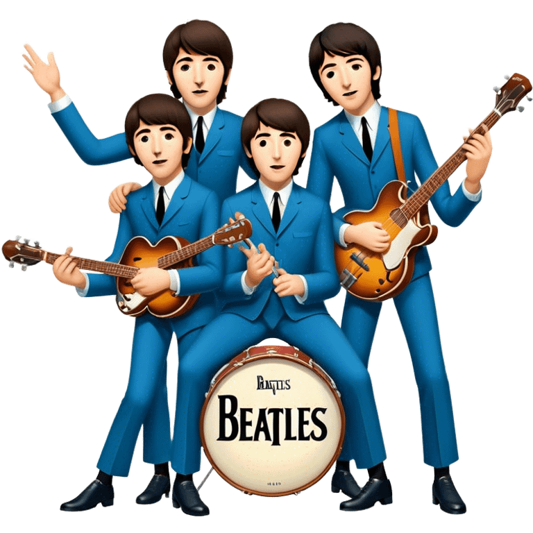 Cinematic Realistic The Beatles Group Emoji, depicted as an iconic band of four exuding playful charisma and musical genius with retro instruments and vibrant expressions, rendered with rich textures and nostalgic dynamic lighting that captures their legendary impact on pop culture. emoji