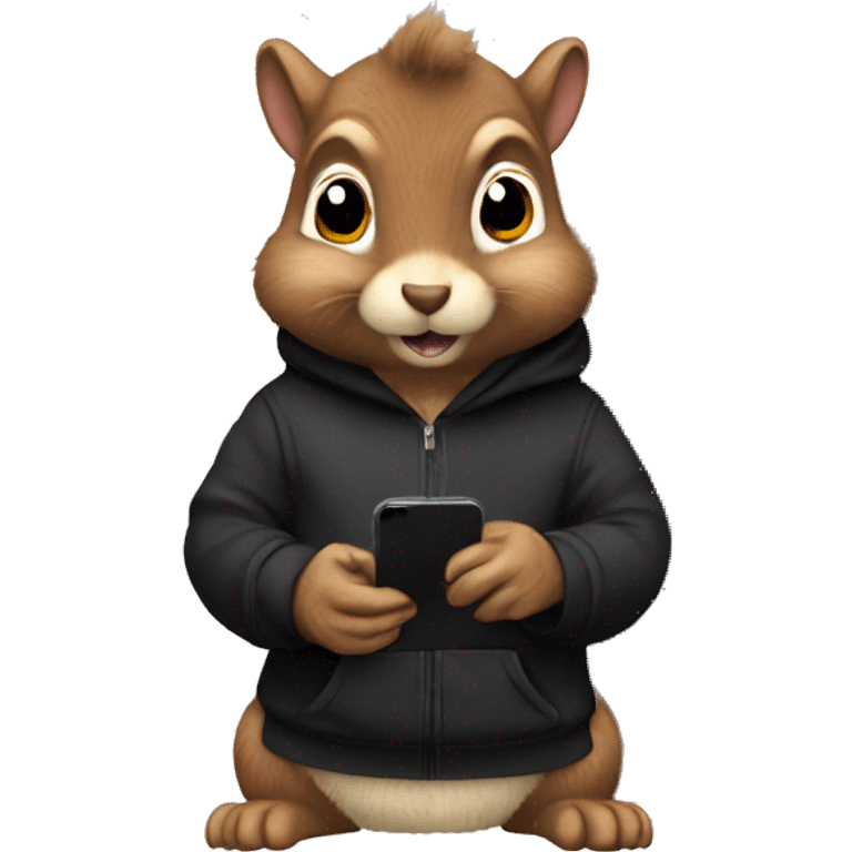 Realistic fluffy Squirrel in black hoodie holding an iPhone  emoji