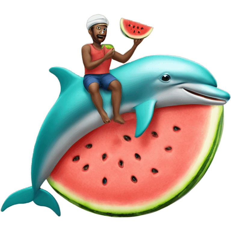 Man riding a dolphin with a watermelon on his head emoji