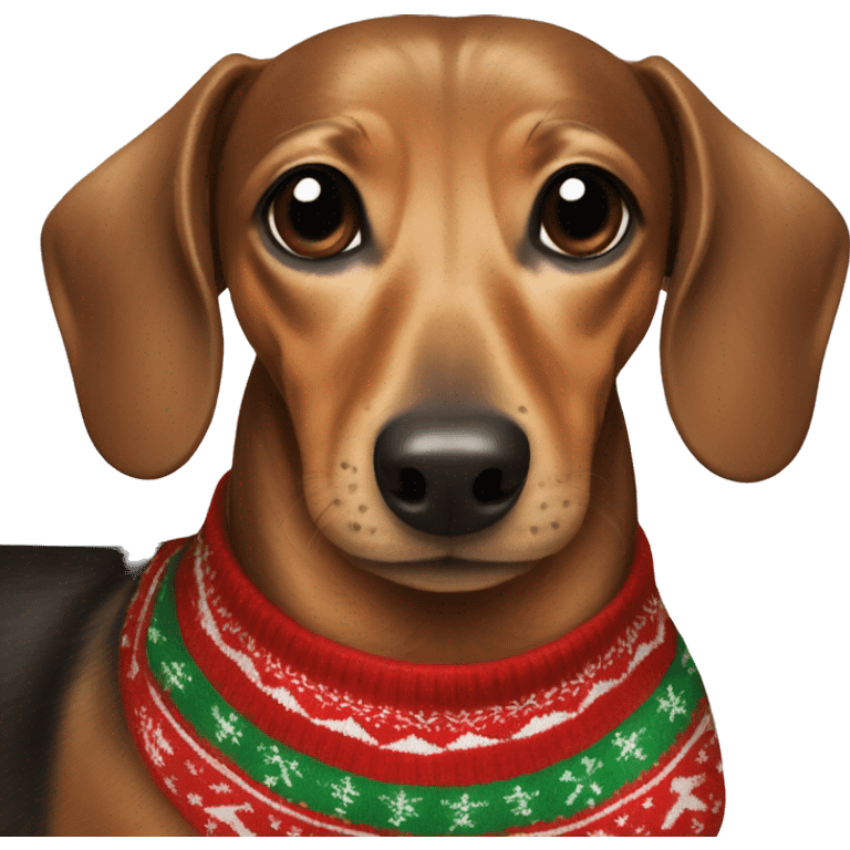 Dachshund wearing a Christmas sweater and antlers emoji