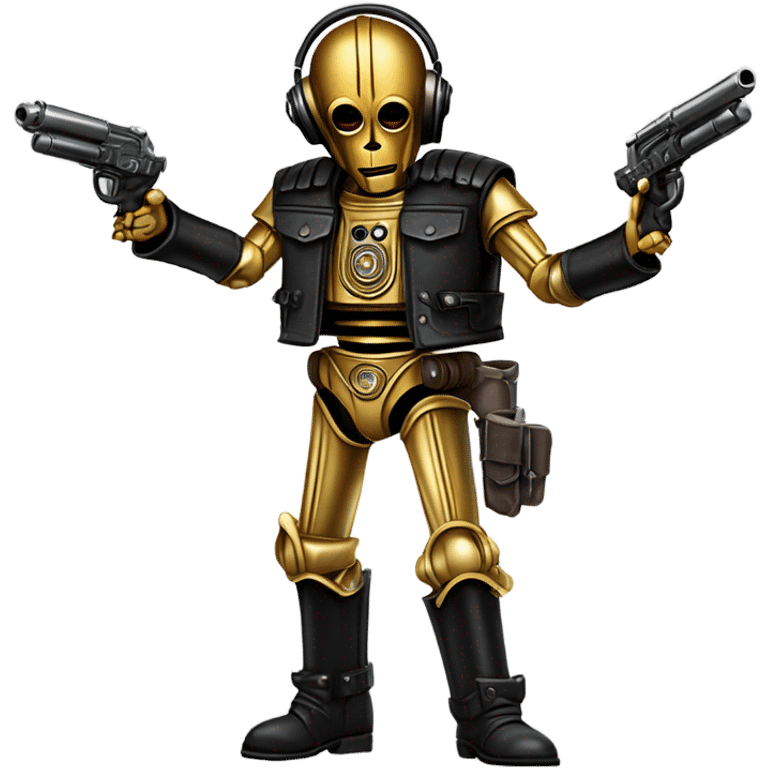 battle rough and tough bounty hunter c3Po wearing Satan’s leather biker outfit with guns and wide-brim hat on head. walking emoji