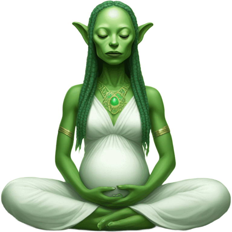 a Reptilian alien woman, pregnant, in meditation, white dress like a priestess emoji