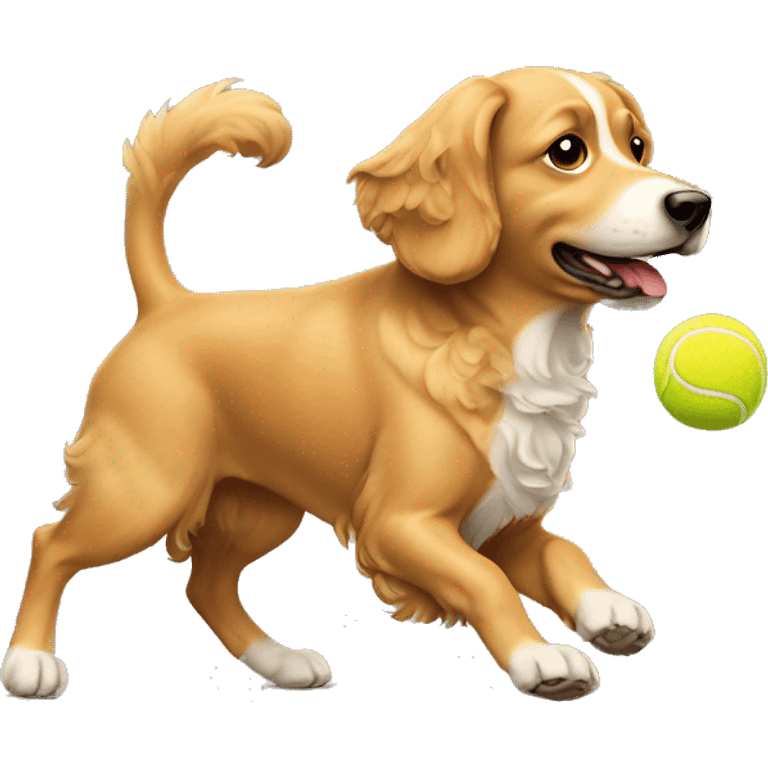 tan dog with a curly tail and white chest chasing a tennis ball emoji