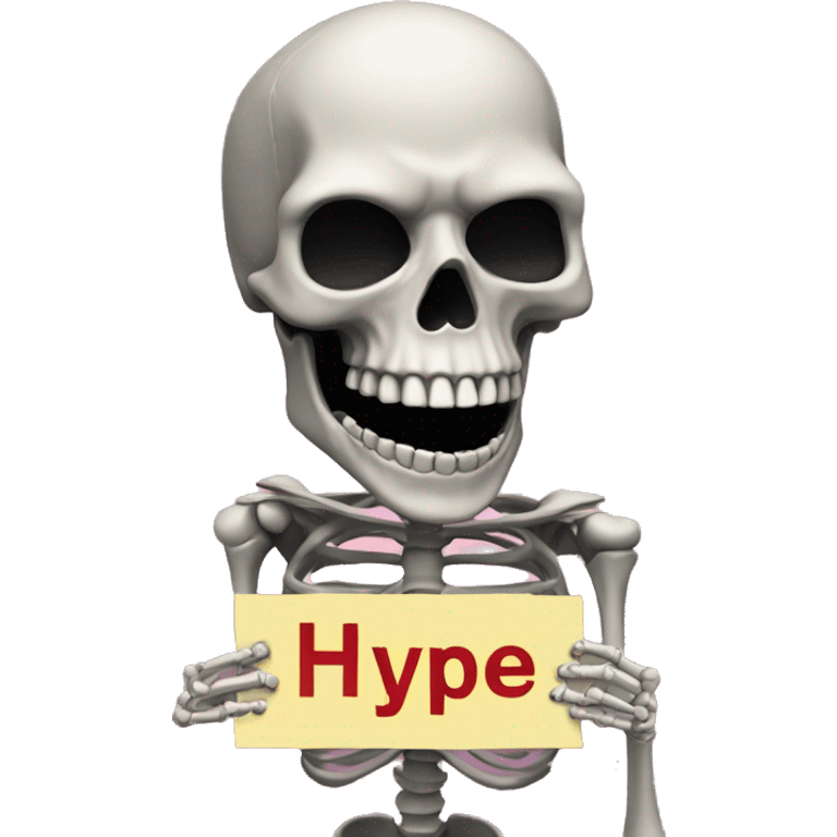 A skeleton head holding a sign above its head with "HYPE" on it. emoji