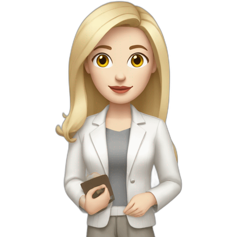 pale skin woman with blonde straight line Hair to shoulders, White classical jacket, Gray Palazzo pants holding a color palette in the hands emoji